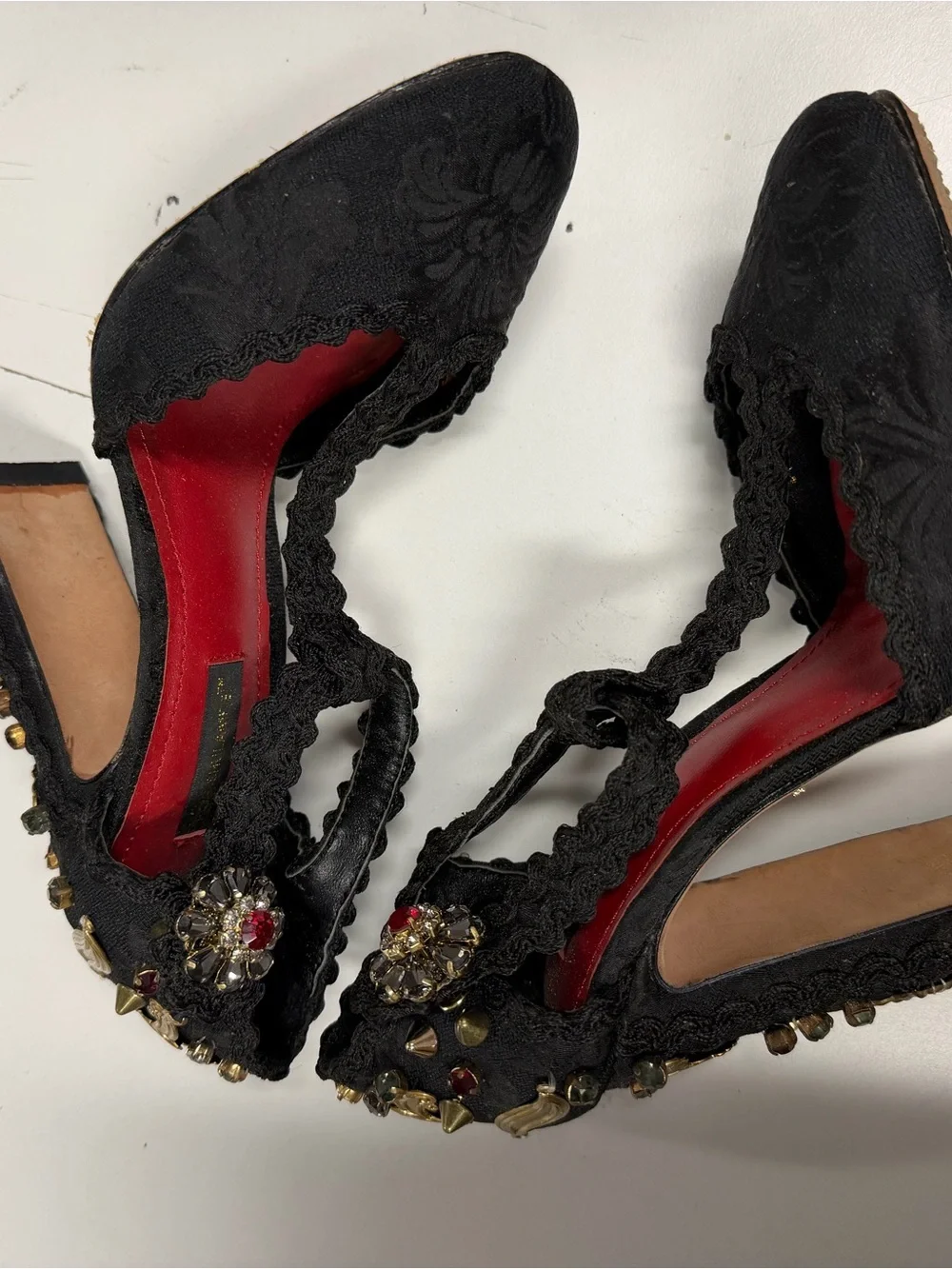 Black CrystEmbellished T-Strap High Heel piece of art 5 L45-A11